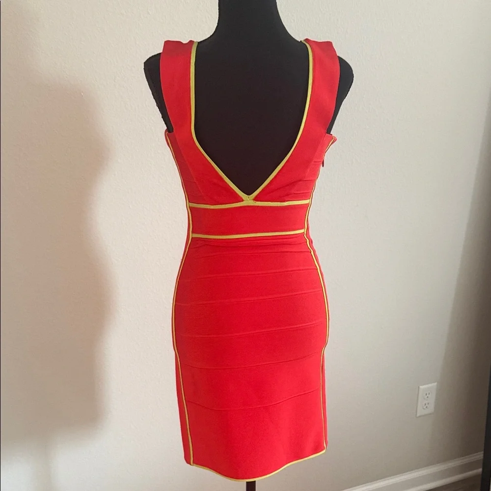 Herve Leger AUTHENTIC Red and NEON Yellow Bandage Dress - Picture 9 of 10